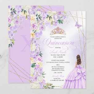 Lila Floral Quinceañera und Gold Glitter Sweet 15 Einladung