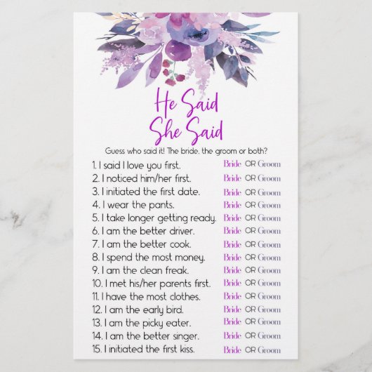 Lila Floral sagte er, sie sagte Brautparty Game Briefpapier (Vorderseite)