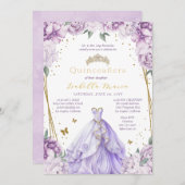 Lila Floral Tiara & Dress Quinceañera Einladung (Vorne/Hinten)