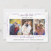 Lila Floral und Confetti 3 Foto Hochzeit Save The Date (Vorderseite)
