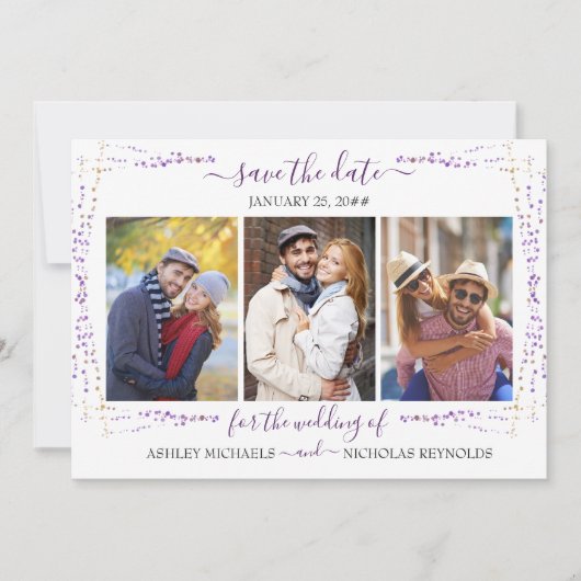 Lila Floral und Confetti 3 Foto Hochzeit Save The Date (Vorderseite)