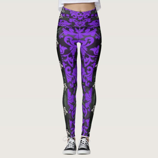Lila floral Viktorianisch Steampunk Spandex Leggin Leggings (Vorderseite)