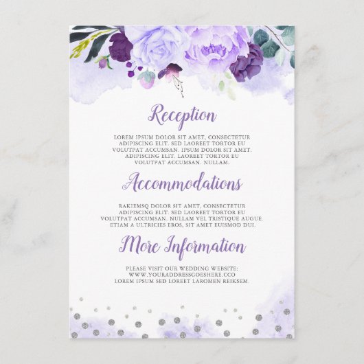 Lila Floral Wedding Information Guest Begleitkarte (Vorderseite)