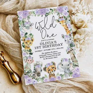 Lila Floral Wild One Jungle Safari Geburtstagsmädc Einladung