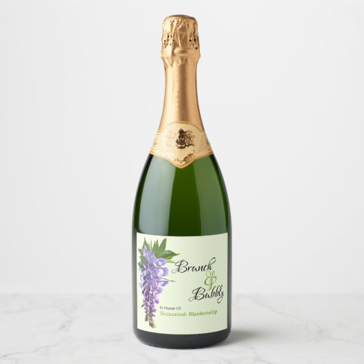 Lila Floral Wisteria Brunch Bubbly Brautparty Schaumweinetikett (Vorderseite)