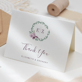 Lila Floral Wreath Monogram Wedding Vielen Dank Karte