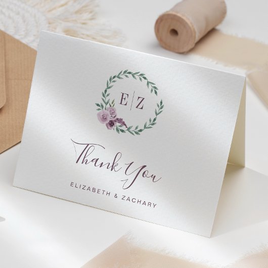 Lila Floral Wreath Monogram Wedding Vielen Dank Karte