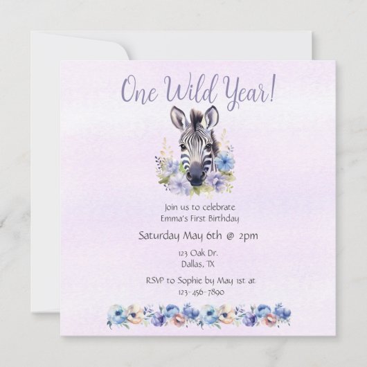 Lila Floral Zebra Geburtstag Einladung (Vorderseite)