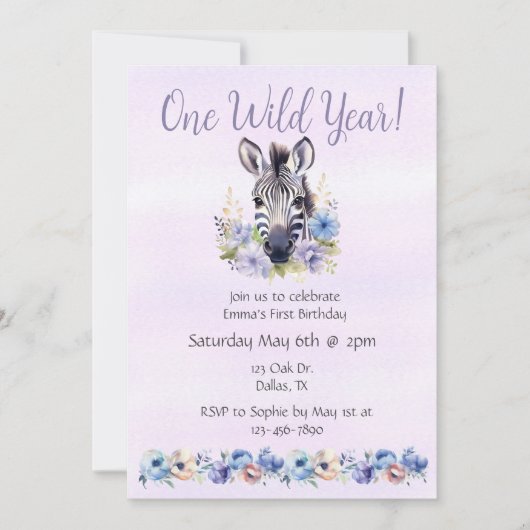 Lila Floral Zebra Geburtstag Einladung (Vorderseite)