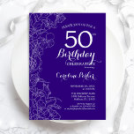 Lila florale 50. Geburtstagsparty Einladung<br><div class="desc">Lila florale 50. Geburtstagsparty Einladung. Minimalistisches modernes Design mit botanischen Kontur Zeichnungen Akzente und Typografie Drehbuch Schriftart. Einfache,  trendige Einladungskarte für eine stilvolle Damenfeier. Kann für jedes Alter angepasst werden. Gedruckte Zazzle Einladungen oder Sofortdownload digitalen druckbaren Vorlage.</div>