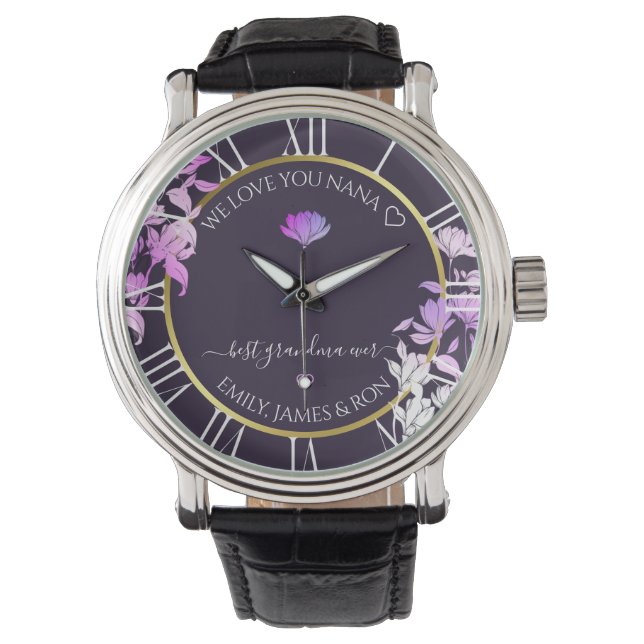 Lila florale benutzerdefinierte Liebe-Nachricht Na Armbanduhr (Vorderseite)