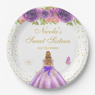 Lila Florale Blondhaarige Prinzessin Sweet Sixteen Pappteller