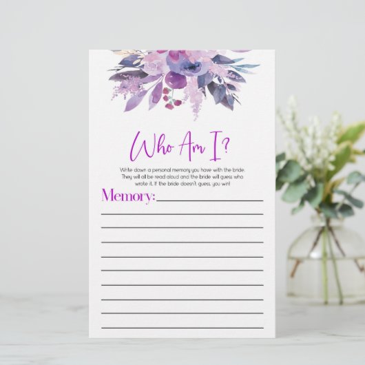 Lila florale Blume, die ich Brautparty Game Briefpapier (Stehend Vorderseite)