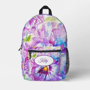 Lila florale Blume Pansy Aquarelltasche Bedruckter Rucksack