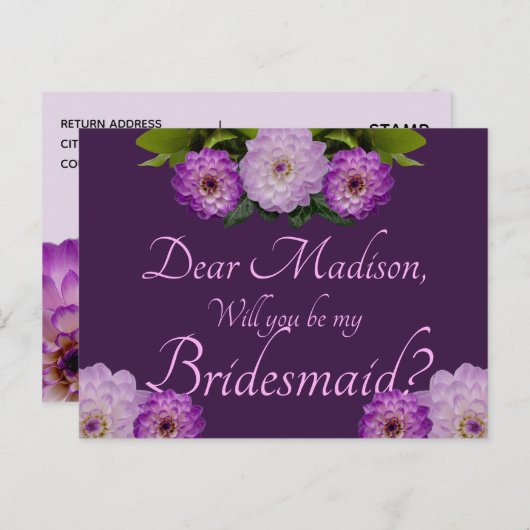 Lila florale Dahlia Werden Sie meine Brautjungfrau Einladungspostkarte (Vorne/Hinten)