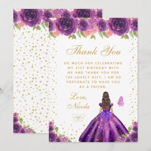 Lila Florale Dunkelhaarige Haar Prinzessin Geburts Dankeskarte