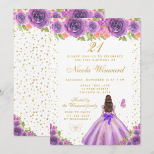 Lila Florale Dunkelhaarige Haar Prinzessin Geburts Einladung