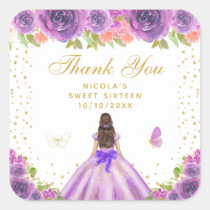 Lila Florale Dunkelhaarige Haarprinzessin Sweet Si Quadratischer Aufkleber
