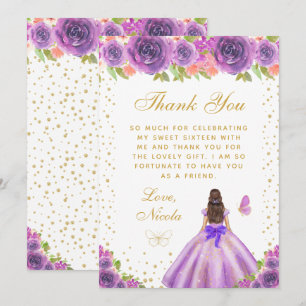 Lila Florale Dunkelhaarige Prinzessin Sweet Sixtee Dankeskarte
