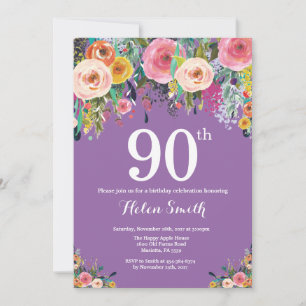 Lila florale Einladung zum 90. Geburtstag