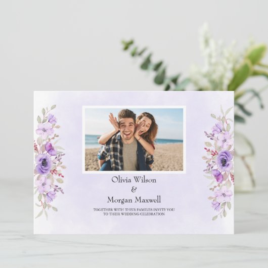 Lila florale Elegance Hochzeit Speichern Sie das D Einladung (Stehend Vorderseite)