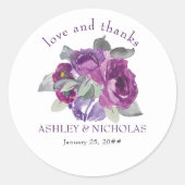 Lila florale Elegante Liebe und Dank Hochzeit Runder Aufkleber (Vorderseite)