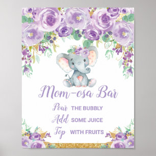 Lila florale Elephant Baby Dusche Momosa Bar Zeich Poster