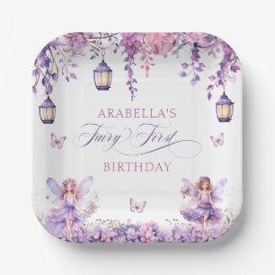 Lila Florale Fantasy Fee Erstes Geburtstagsfest Pappteller