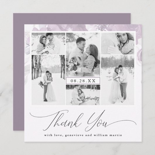 Lila florale Fotocollage Hochzeit Danke Einladung (Vorne/Hinten)