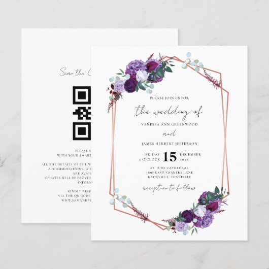 Lila florale geometrische Schrift QR-Code Hochzeit (Vorne/Hinten)