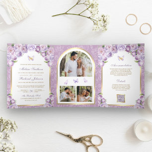 Lila Florale Goldene Bogen Schmetterling Hochzeit Dreifach Gefaltete Einladung