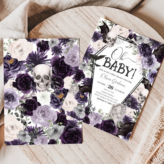 Lila florale Gothic-Babydusche Einladung
