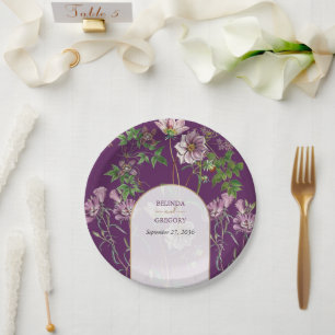 Lila Florale Grün Goldene Bogen Hochzeit Pappteller