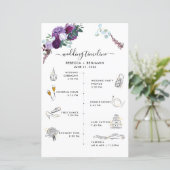 Lila Florale Hochzeits-Itinerary-Icons-Programmkar (Stehend Vorderseite)