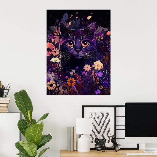 Lila florale Katze Geburtstagspopster Poster (Heimbüro)
