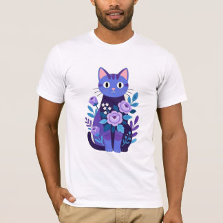 Lila florale Katzengrafik T-Shirt