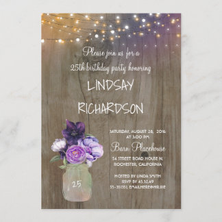 Lila florale Mason Jar Rustic Barn Geburtstagspart Einladung