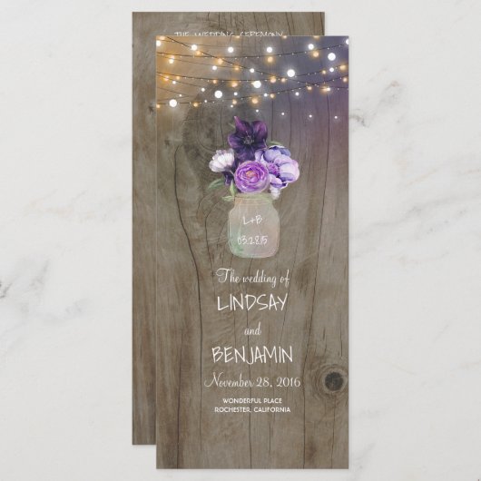 Lila florale Mason Jar Rustic Hochzeitsprogramme Programm (Vorne/Hinten)