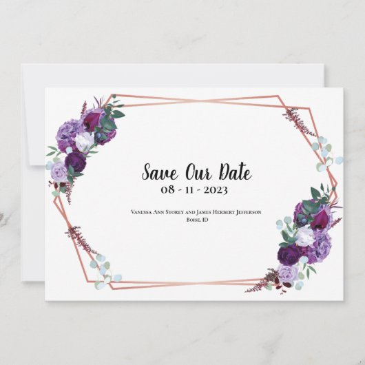 Lila florale Moderne Ankündigung Save the Date (Vorderseite)