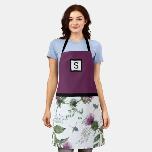 Lila florale Monogramm Schürze (Getragen)