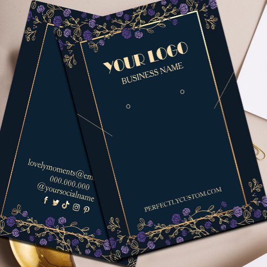 Lila florale Navy Blue und Gold Neckleckling Earri Visitenkarte