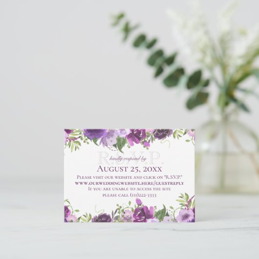 Lila florale Online-Antwortkarte Begleitkarte (Stehend Vorderseite)