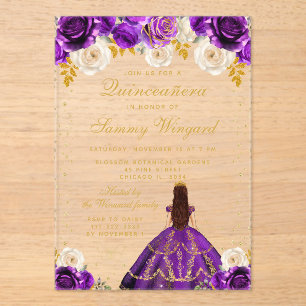 Lila Florale Prinzessin Quinceañera Acryleinladungen