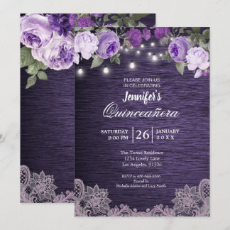 Lila florale Rustikale Quinceanera Einladung