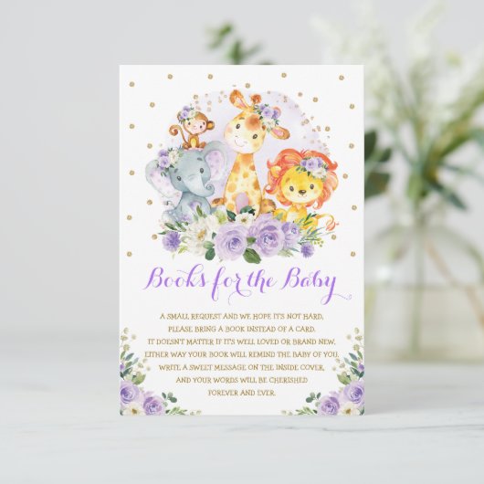 Lila florale Safari Wildtierbücher für Baby Begleitkarte (Stehend Vorderseite)