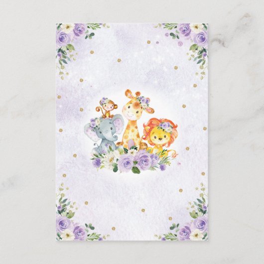 Lila florale Safari Wildtierbücher für Baby Begleitkarte (Rückseite)