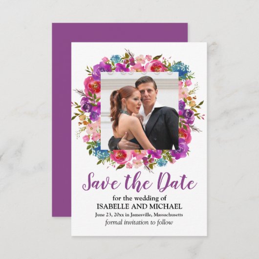 Lila florale Save the Date-Karte mit Foto Save The Date (Vorne/Hinten)