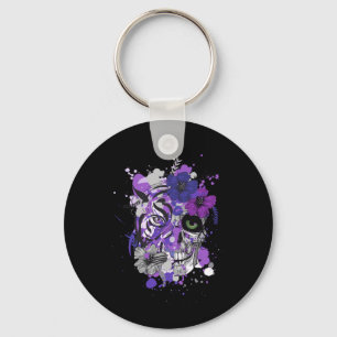 Lila Florale Schwarze Zucker-Schädel Herren Tag De Schlüsselanhänger