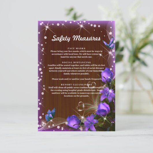 Lila florale Sicherheitsmaßnahmen für rustikales d Begleitkarte (Stehend Vorderseite)