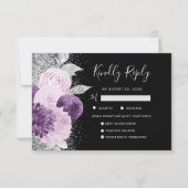 Lila florale Silber Wahl Schwarze Hochzeit RSVP Karte (Vorderseite)